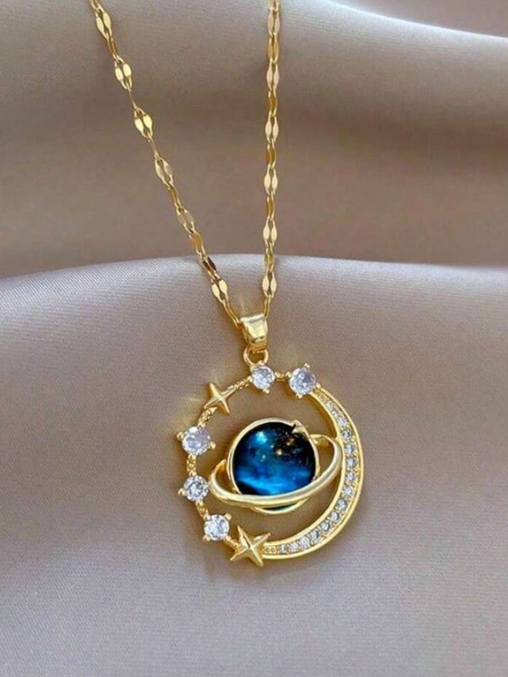 Gold-Tone Blue Galaxy Planet Pendant Necklace - Women Jewelry